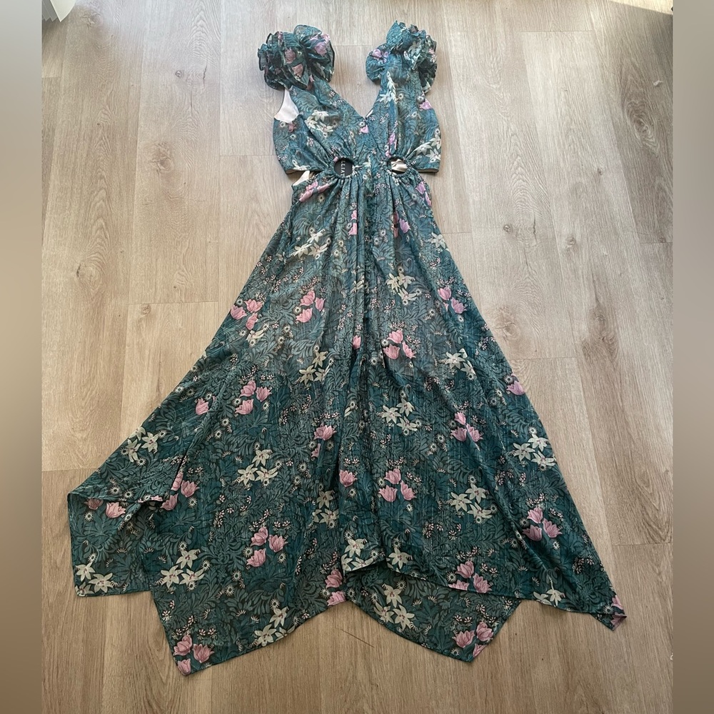 elliatt kristen green floral ruffle detail maxi cut out summer wedding dress new